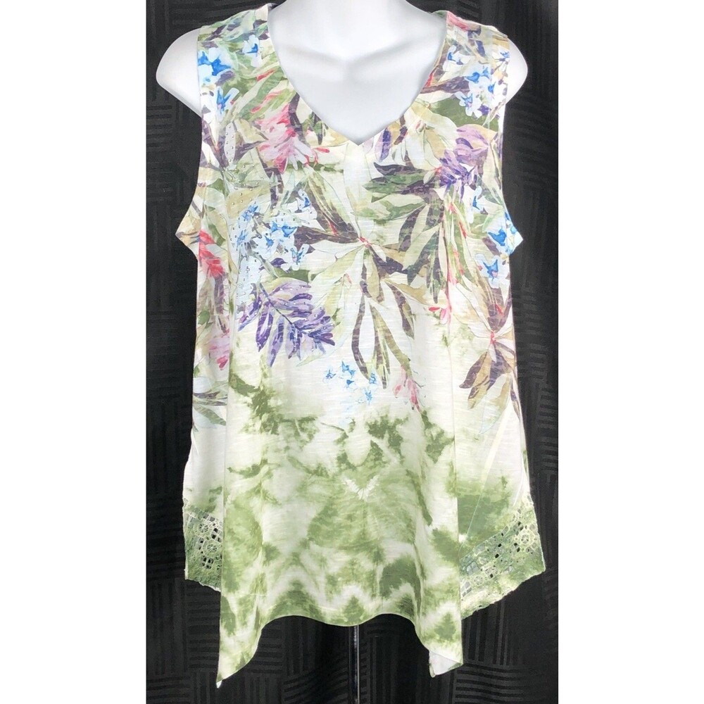 Time & Tru Sleeveless Tank top L Wht/green Floral Asymmetrical Lace Tropical